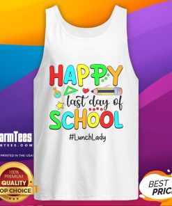 Funny summer teacher wearing a happy last day of school lunch lady tank top, celebrating with friends outdoors.