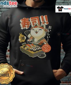 Alt Text: Adorable cat chef in a cute hoodie making sushi, showcasing a funny and whimsical design perfect for cat lovers.