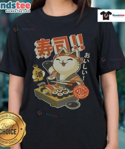 Cute ladies wearing a tee featuring a funny sushi cat chef design, perfect for cat lovers and sushi enthusiasts.