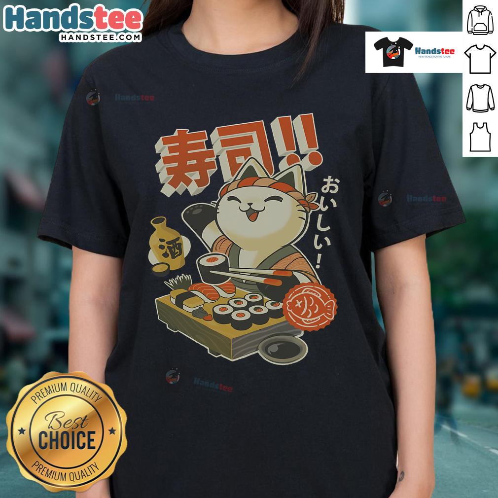Funny Sushi Cat Chef Cute Ladies Tee Cute ladies wearing a tee featuring a funny sushi cat chef design, perfect for cat lovers and sushi enthusiasts.