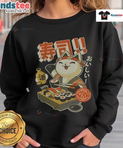 Adorable Funny Sushi Cat Chef sweatshirt featuring a cute cartoon cat cooking sushi, perfect for cat lovers and foodies.