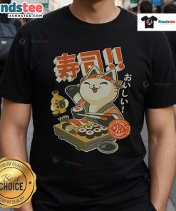 Funny sushi cat chef cute T-shirt design featuring a playful cat cooking sushi with vibrant colors and a whimsical style.