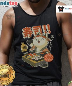 Cute tank top featuring a funny sushi cat chef with a playful expression, perfect for cat lovers and sushi enthusiasts.