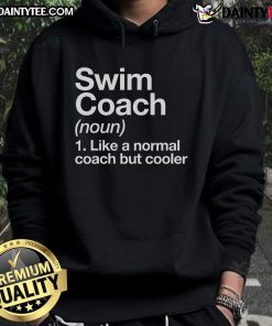 Funny swim coach wearing a hoodie, showcasing sports definitions for trainers and instructors at school.