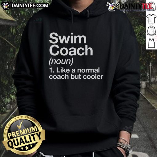 Funny swim coach wearing a hoodie, showcasing sports definitions for trainers and instructors at school.