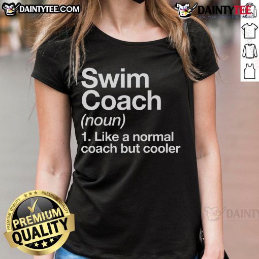 Funny swim coach graphic on ladies tee, showcasing a humorous sports definition for trainers and instructors.