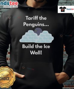 Funny tariff penguins build the ice wall in cozy penguin hoodie, perfect for winter fun and laughter.