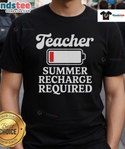 Funny Teacher Summer Recharge Required Low Battery Humor T-Shirt design featuring a humorous battery graphic and vibrant colors.