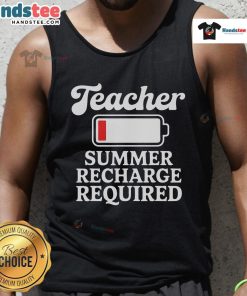 Alt Text: Funny teacher summer recharge required low battery humor tank top featuring a playful graphic design.