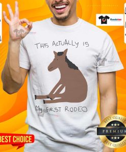 Funny 'This Actually Is My First Rodeo' horse t-shirt design featuring a playful cowboy theme and vibrant graphics.