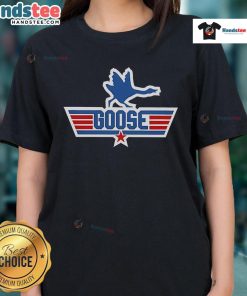 Funny Top Goose Top Gun logo on a ladies tee, featuring a playful design perfect for fans of aviation and humor.