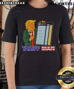 Funny Trump Tariff Man Tour ladies tee featuring a humorous graphic and bold text, perfect for supporters and comedy fans.