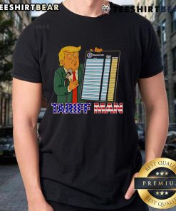 Alt Text: Funny Trump Tariff Man Tour T-Shirt featuring humorous graphics and bold text, perfect for fans of political satire.