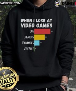 Person wearing 'Funny When I Lose at Video Games' hoodie, highlighting lag, cheaters, and teammates humorously.