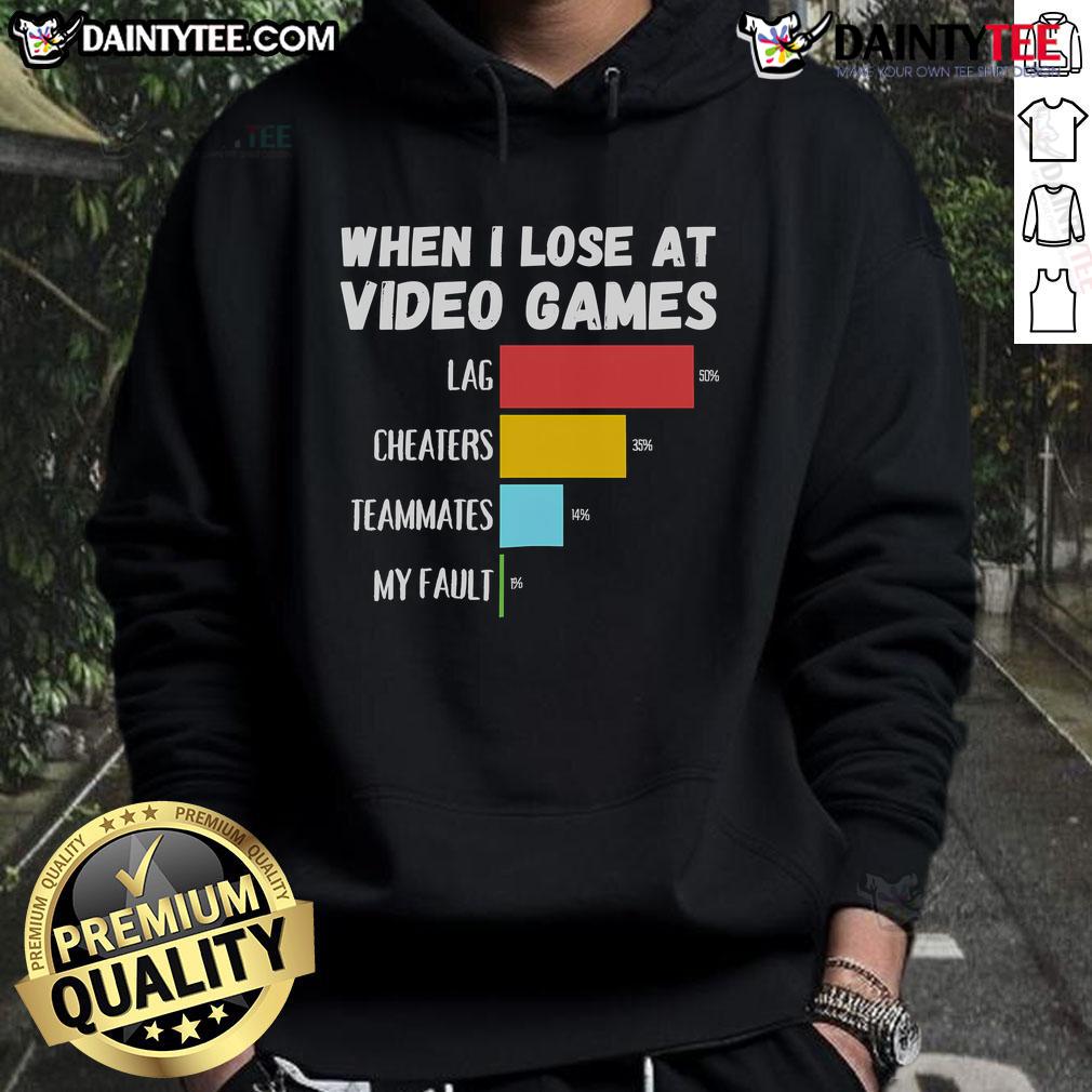 Funny When I Lose At Video Games Lag Cheaters Teammates My Fault Hoodie Person wearing 'Funny When I Lose at Video Games' hoodie, highlighting lag, cheaters, and teammates humorously.