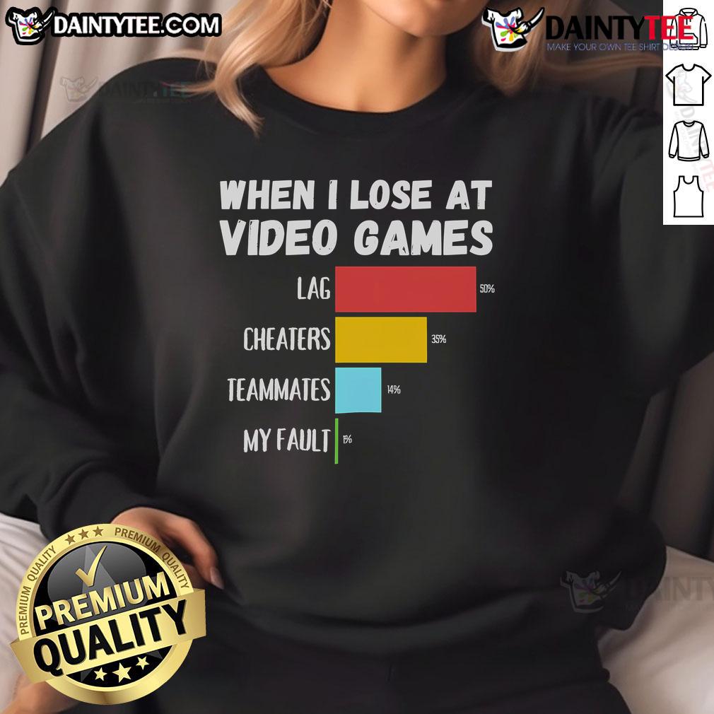 Funny When I Lose At Video Games Lag Cheaters Teammates My Fault Sweatshirt Funny sweatshirt depicting gamer frustration with lag, cheaters, and teammates, perfect for video game enthusiasts.
