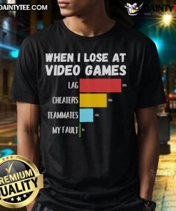 Funny 'When I Lose At Video Games' T-Shirt highlighting lag, cheaters, and teammates as humorous excuses for losing.