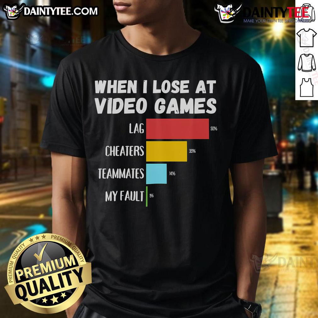 Funny When I Lose At Video Games Lag Cheaters Teammates My Fault T Shirt Funny 'When I Lose At Video Games' T-Shirt highlighting lag, cheaters, and teammates as humorous excuses for losing.