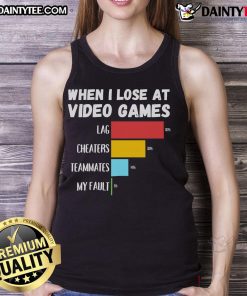 Funny tank top design: 'When I Lose at Video Games, It's Lag, Cheaters, or My Teammates' perfect for gamers and comic relief.