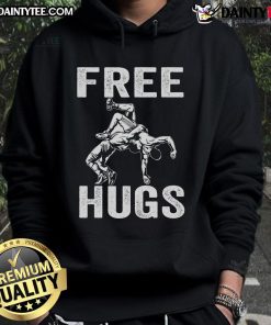 Funny wrestling wrestler humor in a 'Free Hugs' hoodie, showcasing playful spirit and wrestling culture.