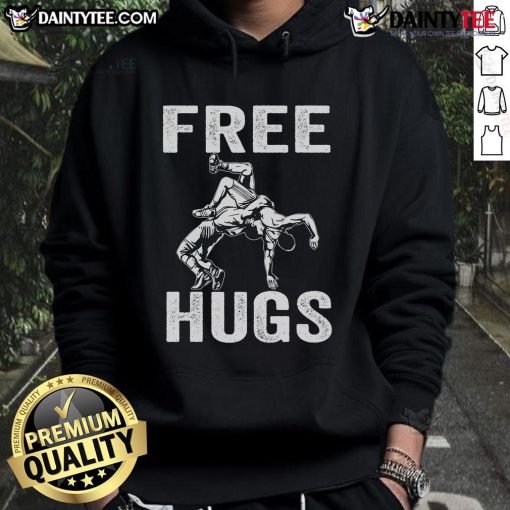 Funny wrestling wrestler humor in a 'Free Hugs' hoodie, showcasing playful spirit and wrestling culture.