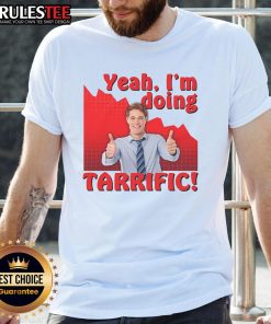 Alt Text: Funny 'Yeah I'm Doing Tarrific' Crash Graph T-Shirt with sarcastic thumbs up design for humor lovers.