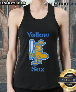 Casual outfit featuring a funny yellow socks tank top, perfect for summer fun and quirky style.