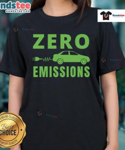 Funny zero emissions electric car graphic on a ladies tee, perfect for eco-conscious enthusiasts and humor lovers.