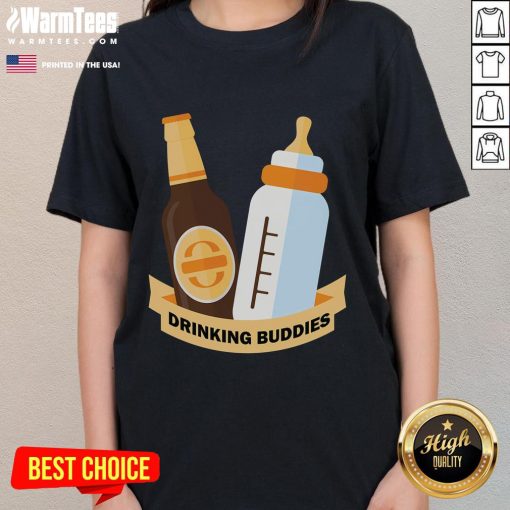 Funyn Drinking Buddies Beer and Milk Bottle Ladies Tee featuring playful graphics for fun-loving friends.