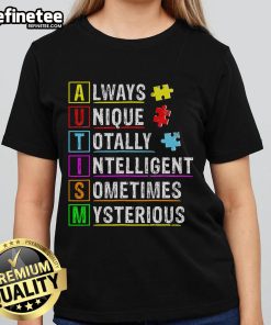 Autism Awareness ladies tee featuring 'Good Always Unique Totally Intelligent' design in vibrant colors.