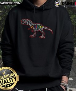Alt Text: Good Autism Awareness T-Rex dinosaur word cloud hoodie design celebrating neurodiversity and acceptance.