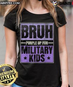 Purple military-themed ladies' tee for Military Child Month, featuring 'Good Bruh' design celebrating military families.