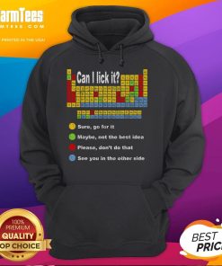Vintage hoodie featuring 'Good Can I Lick It' periodic table design, perfect for teachers and students who love science.