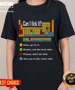 Vintage ladies tee featuring a playful periodic table design with the phrase 'Good Can I Lick It' for teachers and students.