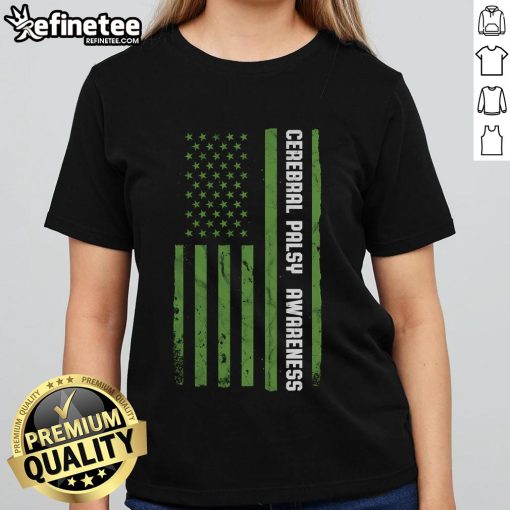 Good Cerebral Palsy Awareness American Flag Ladies Tee featuring patriotic design promoting inclusivity and support.