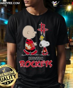 Good Charlie Brown and Snoopy Houston Rockets T-Shirt featuring vibrant graphics of beloved characters and team logo.