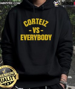 Good Corteiz Vs Everybody Hoodie in black, featuring bold graphic design, perfect for streetwear enthusiasts.