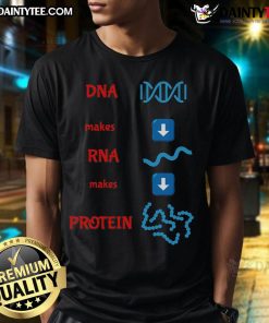 Good DNA Makes RNA Makes Protein molecular cell biology T-shirt design featuring a colorful graphic of DNA and RNA.