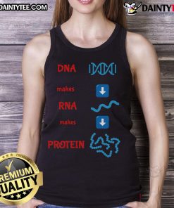Good DNA Makes RNA Makes Protein molecular cell biology tank top design showcasing genetic information flow.