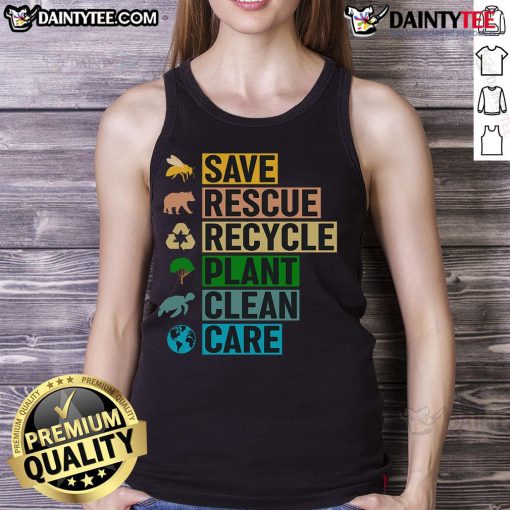 Good Earth Clean Seas Save The Recycle Planet tank top featuring eco-friendly graphics and a sustainable message.