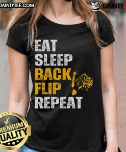 Good Eat Sleep Back Flip Repeat Acrobat Gymnastics Ladies Tee featuring a stylish design for gymnasts and fitness enthusiasts.