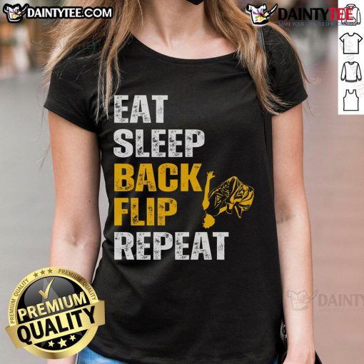 Good Eat Sleep Back Flip Repeat Acrobat Gymnastics Ladies Tee featuring a stylish design for gymnasts and fitness enthusiasts.