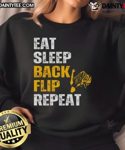 Alt Text: Good Eat Sleep Back Flip Repeat sweatshirt for acrobat gymnastics lovers, featuring a stylish design and vibrant colors.