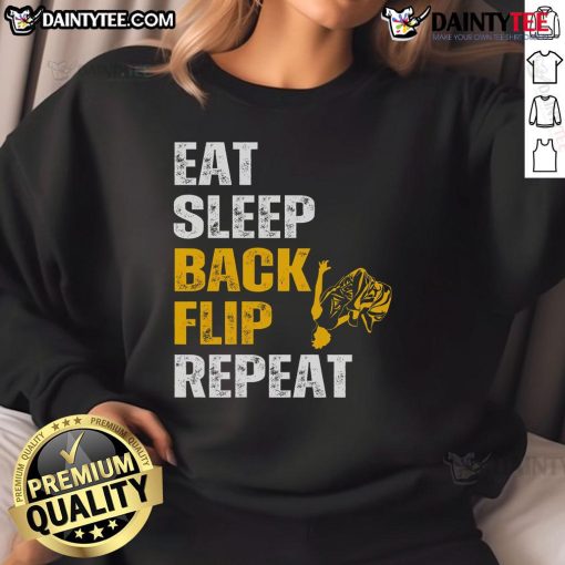 Alt Text: Good Eat Sleep Back Flip Repeat sweatshirt for acrobat gymnastics lovers, featuring a stylish design and vibrant colors.
