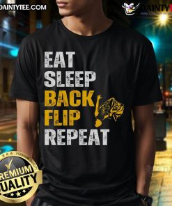 Good Eat Sleep Back Flip Repeat Acrobat Gymnastics T-Shirt design featuring a playful acrobat graphic and bold text.