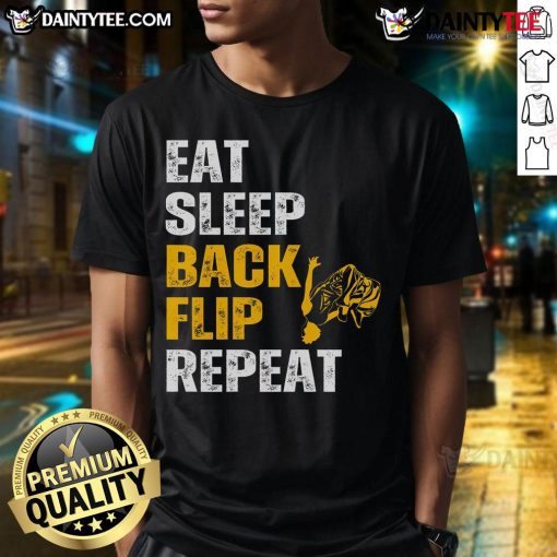 Good Eat Sleep Back Flip Repeat Acrobat Gymnastics T-Shirt design featuring a playful acrobat graphic and bold text.