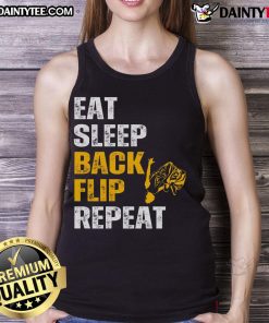 Good Eat Sleep Back Flip Repeat tank top for acrobats and gymnasts, showcasing a fun, motivational design.