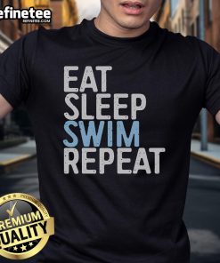 Alt Text: Good Eat Sleep Swim Repeat Swimmer T-Shirt featuring bold, colorful text perfect for swim enthusiasts.