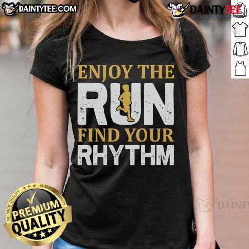 Fit woman jogging in a 'Good Enjoy The Run' tee, showcasing an active lifestyle and the joy of running.