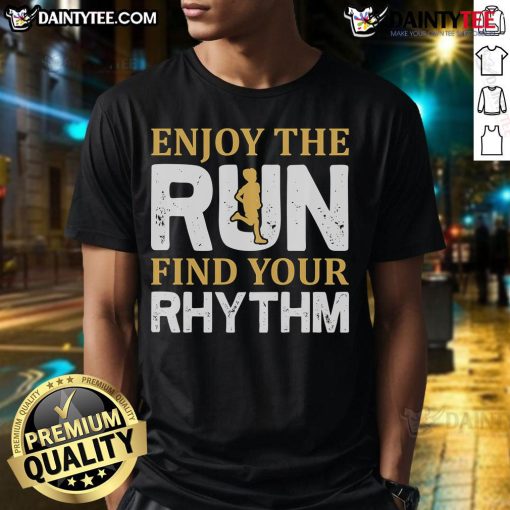 Runner wearing 'Enjoy The Run' jogging T-shirt, embracing the runner life and finding their rhythm on a sunny trail.